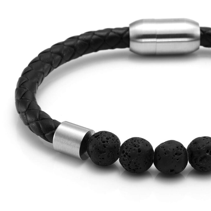 Silver Stainless Steel Magnetic Clasp Lava Stone Genuine Leather Crystal Bracelets - Image 2