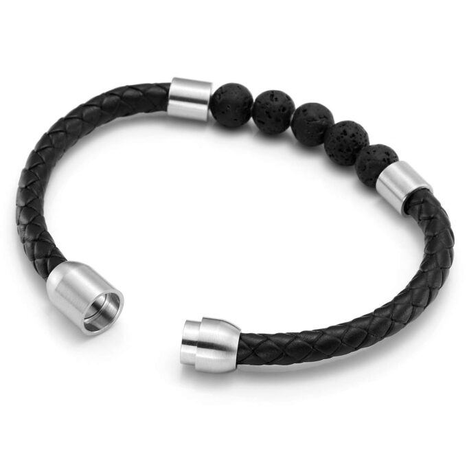 Silver Stainless Steel Magnetic Clasp Lava Stone Genuine Leather Crystal Bracelets - Image 3