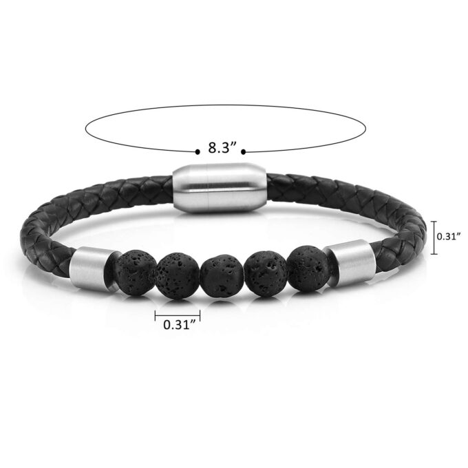 Silver Stainless Steel Magnetic Clasp Lava Stone Genuine Leather Crystal Bracelets - Image 4