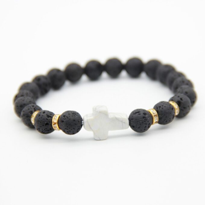 Black Lava Gemstone / White Howlite Cross Bracelet - Image 2