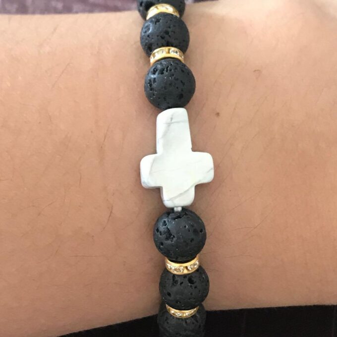 Black Lava Gemstone / White Howlite Cross Bracelet - Image 3