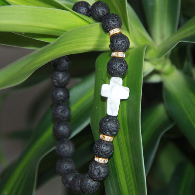 Black Lava Gemstone / White Howlite Cross Bracelet - Image 4