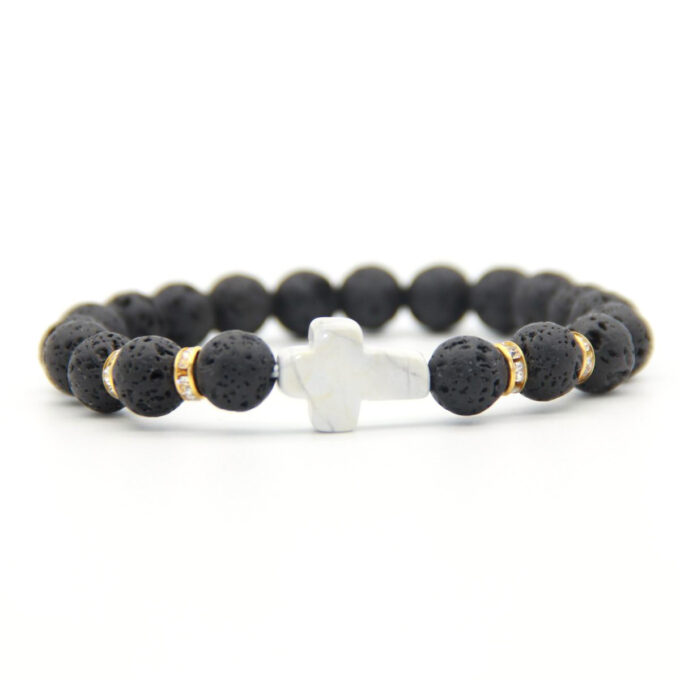 Black Lava Gemstone / White Howlite Cross Bracelet