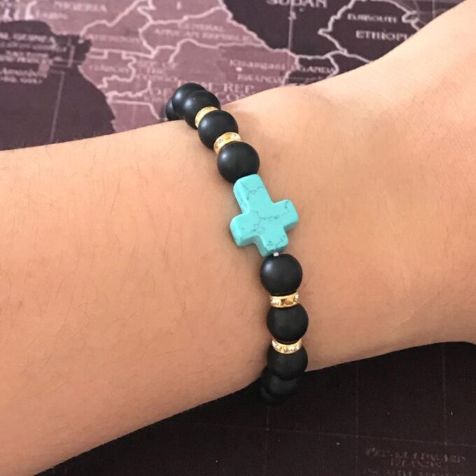 Black Onyx Gemstone Turquoise Cross Crystal Bracelet - Image 3