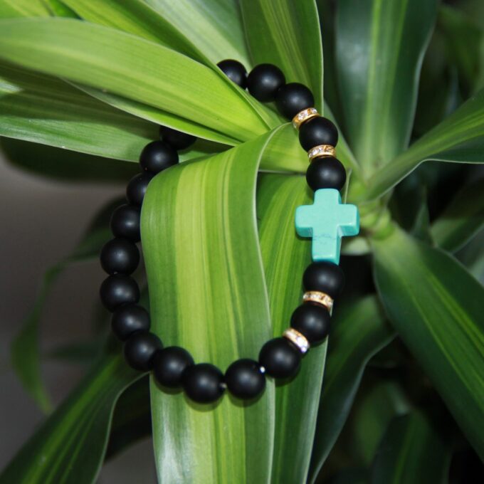 Black Onyx Gemstone Turquoise Cross Crystal Bracelet - Image 4