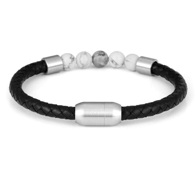 Silver Stainless Steel Magnetic Clasp White Howlite Genuine Leather Crystal Bracelets - Image 2