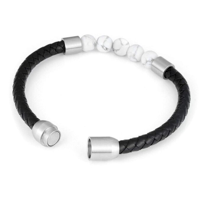 Silver Stainless Steel Magnetic Clasp White Howlite Genuine Leather Crystal Bracelets - Image 4