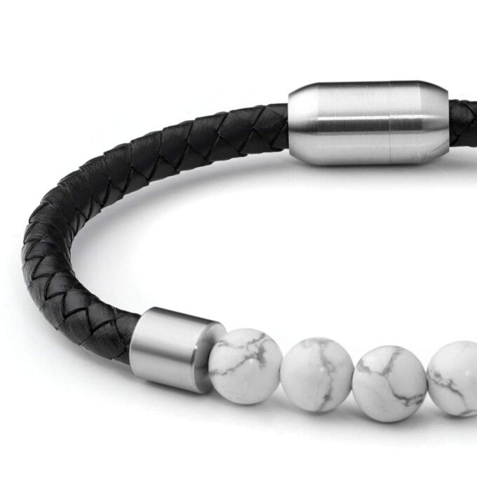 Silver Stainless Steel Magnetic Clasp White Howlite Genuine Leather Crystal Bracelets - Image 3