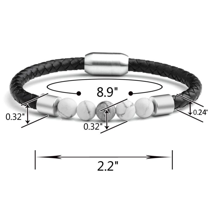 Silver Stainless Steel Magnetic Clasp White Howlite Genuine Leather Crystal Bracelets - Image 5