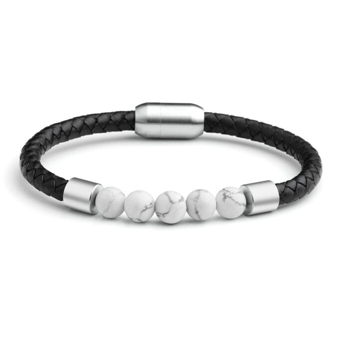 Silver Stainless Steel Magnetic Clasp White Howlite Genuine Leather Crystal Bracelets