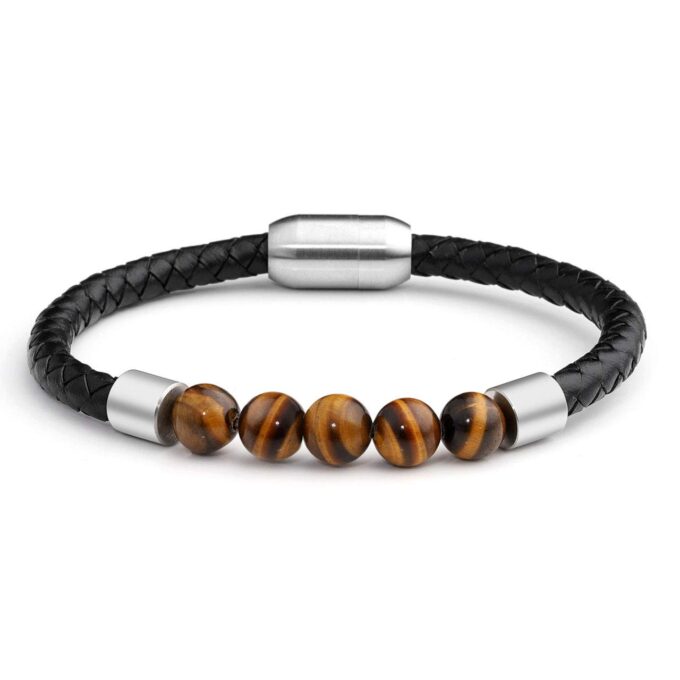 Silver Titanium Steel Magnetic Clasp Tiger Eye Genuine Leather Rope Crystal Bracelets