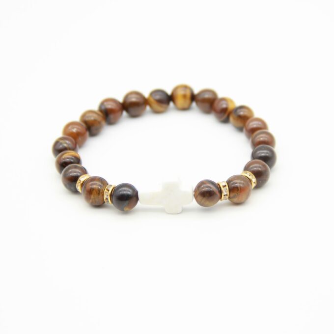 Tiger Eye Gemstone / White Howlite Cross Crystal Bracelet - Image 2