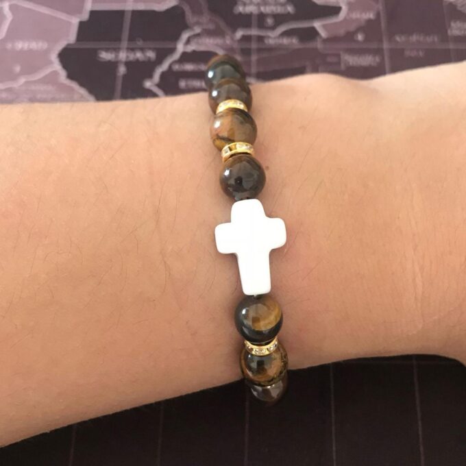 Tiger Eye Gemstone / White Howlite Cross Crystal Bracelet - Image 3