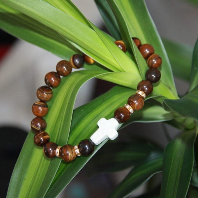 Tiger Eye Gemstone / White Howlite Cross Crystal Bracelet - Image 4