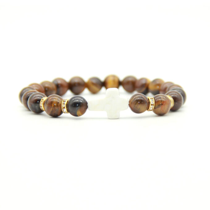 Tiger Eye Gemstone / White Howlite Cross Crystal Bracelet